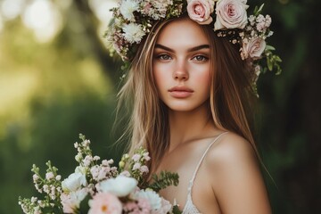 Sexy slim beautiful young woman with a floral crown holding a bouquet, half-body portrait, bohemian style, celebrating Mother's Day in a rustic, natural setting. 