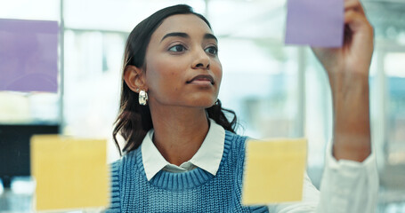 Aufkleber - Writing, glass wall and businesswoman with creative planning with notes in office for project. Brainstorming, board and female event designer working on startup ideas with research in workplace.