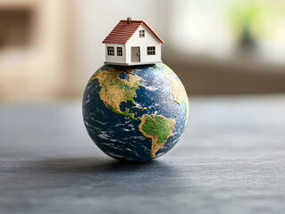 Wall Mural - A miniature house sits on a globe, symbolizing home and global connection.