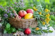 © peerawat - A basket of medicinal fruits alongside herbs, creating a natural remedy display