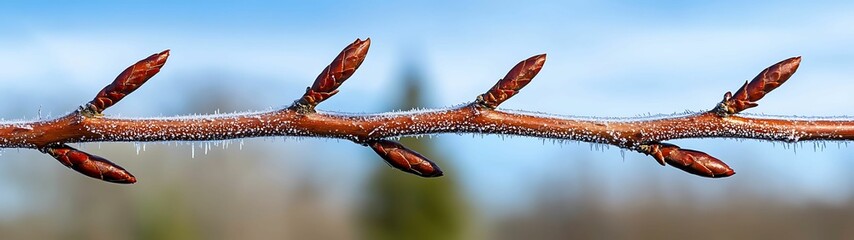 Wall Mural - winter background silence concept, buds on a branch glisten with frost against a blurred background,