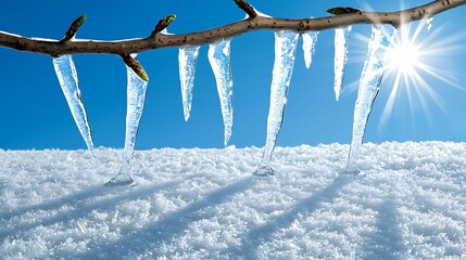 Wall Mural - winter background silence concept, icicles hang from a branch under a bright sun, casting shadows on