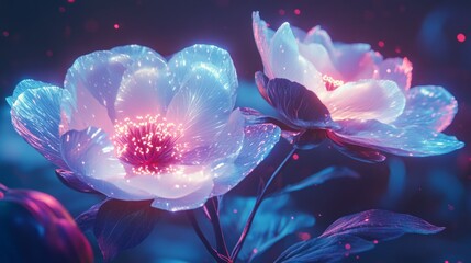 Wall Mural - Glowing neon flowers at night.