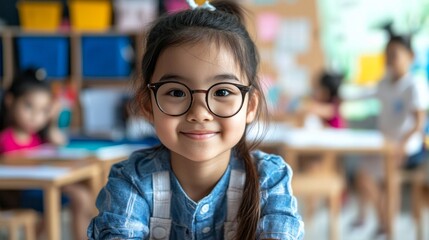 Poster - A young Asian schoolgirl with glasses smiles brightly while learning in a vibrant classroom. Classmates work creatively in the background, adding to the lively atmosphere of education