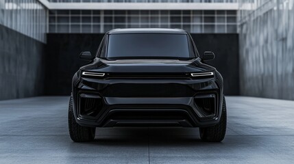 Poster - Modern SUV front view showcasing its futuristic headlights and muscular hood lines, perfect for digital mockups.