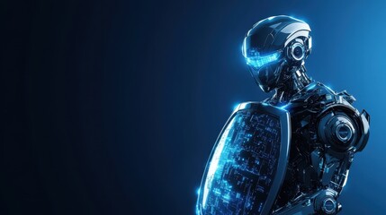 Poster - A robot wielding a glowing shield, embodying technology and cyber defense on a striking blue background with ample space for text