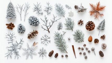 Fototapete - Elegant winter-themed Christmas elements spread across a white background, perfect for festive designs