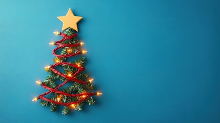 Fototapete - Festive holiday tree design using a red cord and lights, topped with a star and set against a bold blue background for a creative look