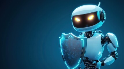 Poster - Cyber-themed robot holding a glowing shield, perfect for representing cybersecurity on a modern blue background with space for text