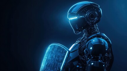 Poster - Cyber-themed robot holding a glowing shield, perfect for representing cybersecurity on a modern blue background with space for text