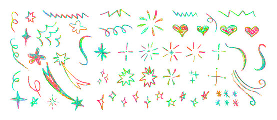 Poster - Set of colorful chalk drawing elements. Shine or sparkle, hearts and stars doodle collection. Children style rainbow wax pencil handdrawing elements . Vector crayon scratch grunge texture shapes