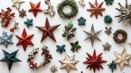 Fototapete - Holiday decorations, including Christmas stars and mini wreaths, creatively arranged on a pristine white surface