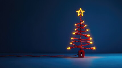 Fototapete - Innovative Christmas tree shaped from a red cord with glowing lights and a star topper, plugged into a socket on a bold blue backdrop