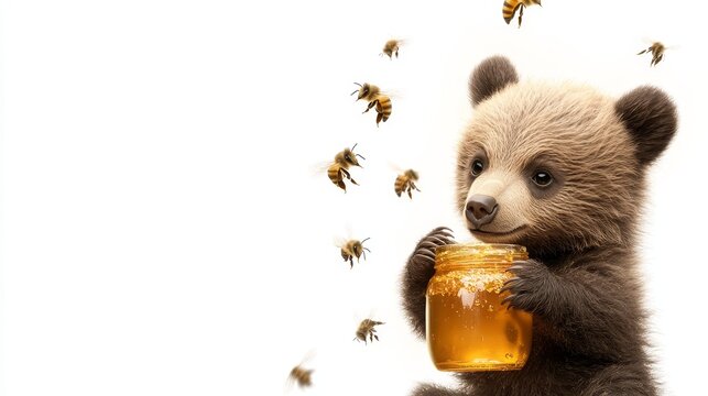 A small bear cub holding a jar of honey with bees buzzing around