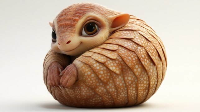 A baby armadillo curled into a ball with a cheerful expression