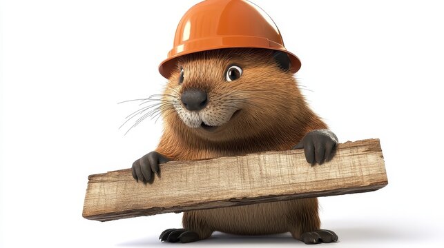 A beaver wearing a hard hat
