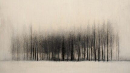 Wall Mural - Minimalist composition of a foggy field with a linear arrangement of trees fading into the mist.