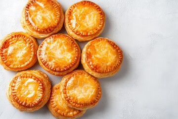 Wall Mural - Classic Aussie mini meat pies made from shortcrust pastry on a light gray backdrop