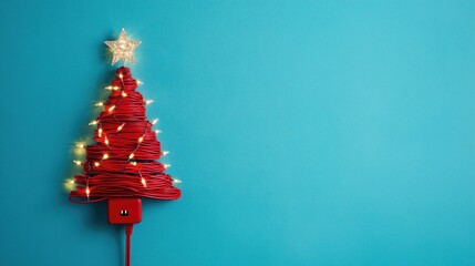 Fototapete - Modern Christmas tree shaped from a red cable with sparkling lights and a star detail, connected to an outlet on a vivid blue background