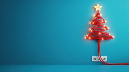 Fototapete - Modern Christmas tree shaped from a red cable with sparkling lights and a star detail, connected to an outlet on a vivid blue background