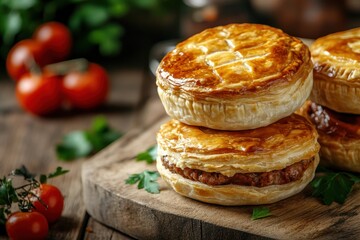 Wall Mural - Classic Australian meat pie on wood Savory puff pastry filled with meat