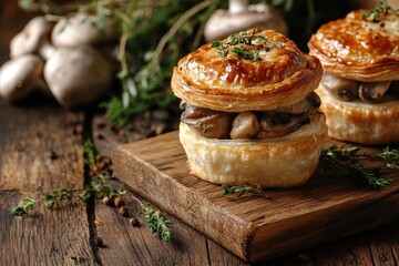 Wall Mural - Classic Australian mini meat pie with chicken and mushrooms on a wooden surface