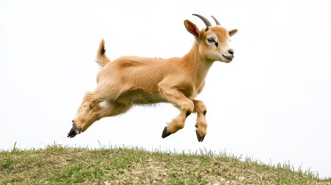 A baby goat jumping playfully