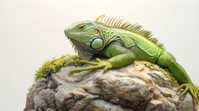 A bright green iguana basking