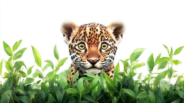 A baby jaguar peeking out from behind a bush