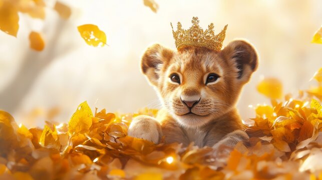 A lion cub wearing a tiny crown