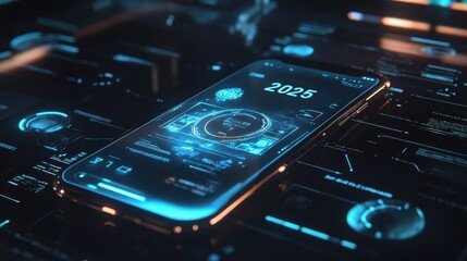 Poster - Modern smartphone isolated on a dark background with futuristic 
