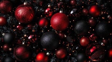 Fototapete - Red and black holiday ornaments surrounded by twinkling lights, creating a festive, cheerful ambiance perfect for the Christmas season