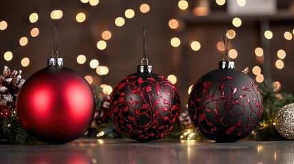 Fototapete - Red and black holiday ornaments surrounded by twinkling lights, creating a festive, cheerful ambiance perfect for the Christmas season