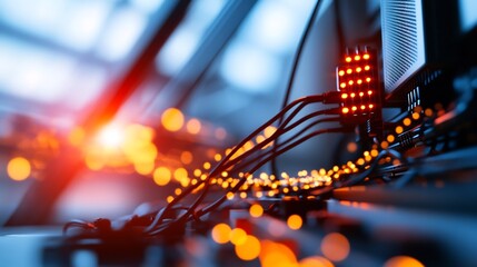 Canvas Print - Close-up of complex electronic circuitry with glowing lights and cables.