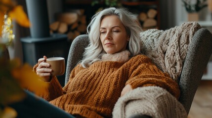 Fototapete - Relaxation envelops a middle aged woman with silver hair as she savors a steaming cup in a rustic living room filled with warmth and tranquility. Her cozy sweater and serene expression evoke calm