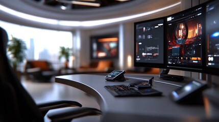 Canvas Print - Futuristic control room with modern technology.