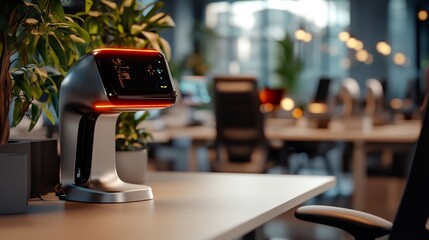 Canvas Print - Futuristic device on a modern office desk with plants.