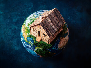 Wall Mural - A wooden house sits atop a globe, symbolizing the connection between home and the planet.