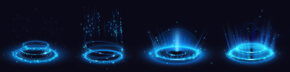 Poster - neon blue light circles set isolated on black background. vector realistic illustration of round pla