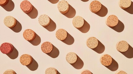 Poster - A captivating display of wine corks meticulously arranged to form a dynamic pattern. The warm hues of the corks create playful shadows on a soft, neutral background, evoking a sense of artistry