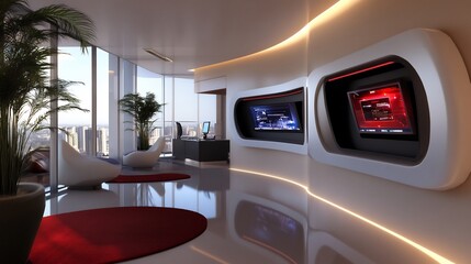 Sticker - Modern luxury office interior with panoramic city view, sleek design, and embedded screens.