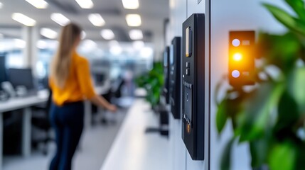 Sticker - Modern office security system with woman in background.