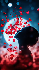 Poster - Rose petals swirl gently around a human silhouette, creating a dreamy, ethereal atmosphere beneath a full moon
