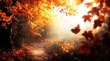 Canvas Print - Sunlit autumn path through forest with vibrant orange and red leaves.