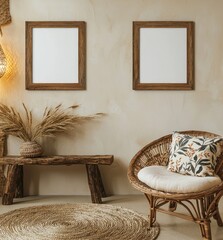 Fototapete - Minimalist boho room with olive wood frames on a light beige wall and a woven cotton rug on the floor.