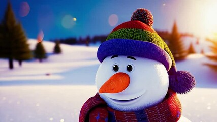 Wall Mural - Closeup of cute funny laughing snowman with wool hat and scarf, on snowy snow snowscape with bokeh lights, illuminated by the sun