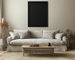 Fototapete - A jet-black framed design on the wall, linen sofa, minimalist coffee table, natural light.