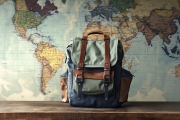 a traveler's backpack filled with essentials against a map background, symbolizing wanderlust and th