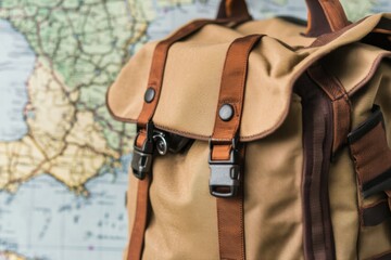 a traveler's backpack filled with essentials against a map background, symbolizing wanderlust and th