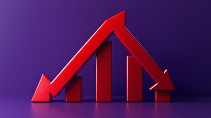 Poster - A striking red arrow sign indicates a downward trend among stylized rising bars, set against a vivid purple backdrop. The visual conveys a strong message about market fluctuations